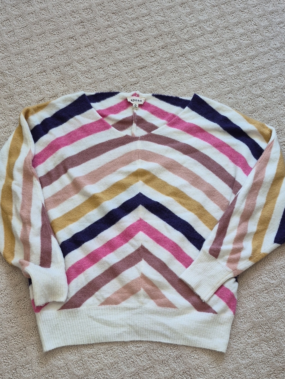 ADORA Chevron Stripe V-Neck Sweater - Pink, Gold, Navy, Cream, Tan